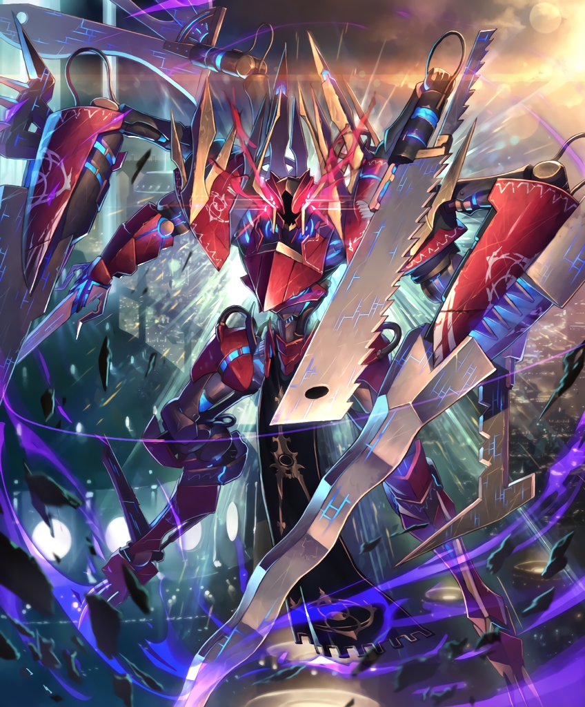 arm_blade artist_request building cable cityscape cygames destruction digitigrade emblem floating glowing light_trail looking_at_viewer mecha multiple_arms no_humans official_art pelvic_curtain robot saw shadowverse size_difference skyscraper tisiphone_the_malignant tube weapon