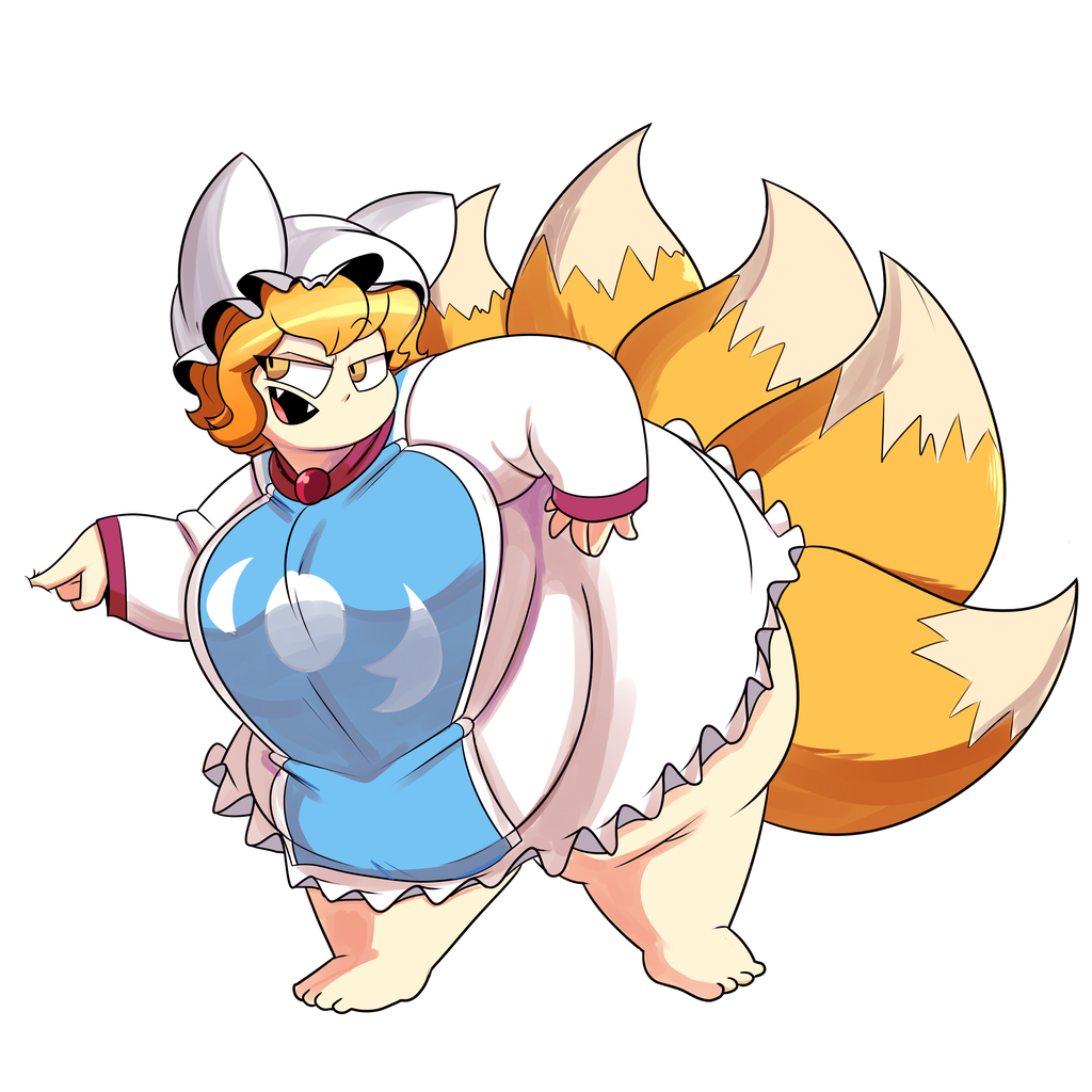 1:1 5_tails animal_humanoid barefoot big_breasts blonde_hair breasts canid canid_humanoid canine canine_humanoid clothed clothing dipstick_tails fangs female fox_humanoid hair hat headgear headwear humanoid mammal multi_tail obese open_mouth overweight overweight_female ran_yakumo short_hair slit_pupils solo superspoe touhou video_games yellow_eyes