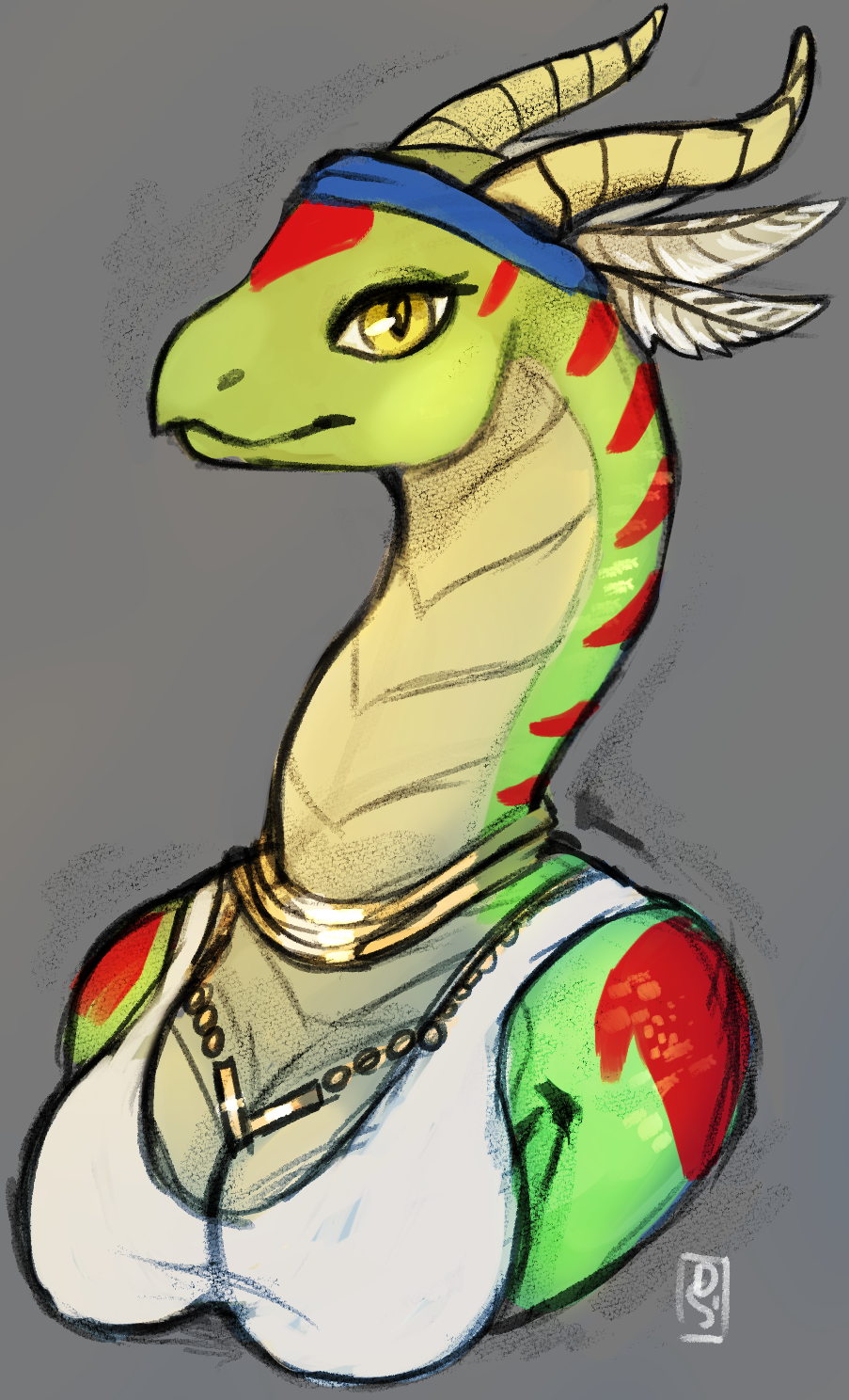 2019 anthro breasts deviant-soulmates female hi_res horn non-mammal_breasts reptile scalie smile snake solo yellow_eyes