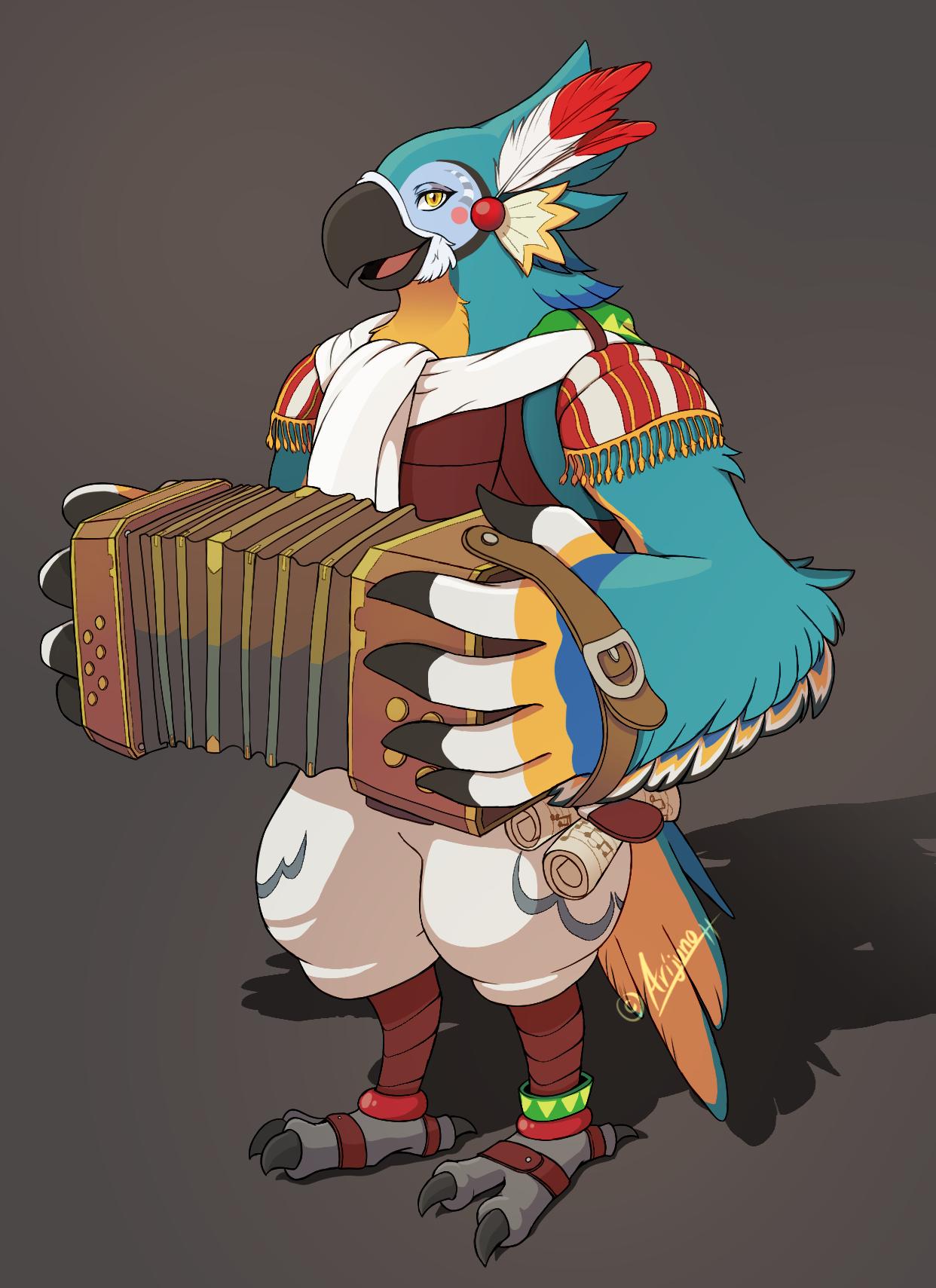 2019 accordion anthro arijuno avian breath_of_the_wild feathers hi_res holding_object kass_(tloz) looking_at_viewer male multicolored_feathers musical_instrument nintendo open_mouth open_smile rito scarf simple_background smile solo standing the_legend_of_zelda video_games yellow_eyes