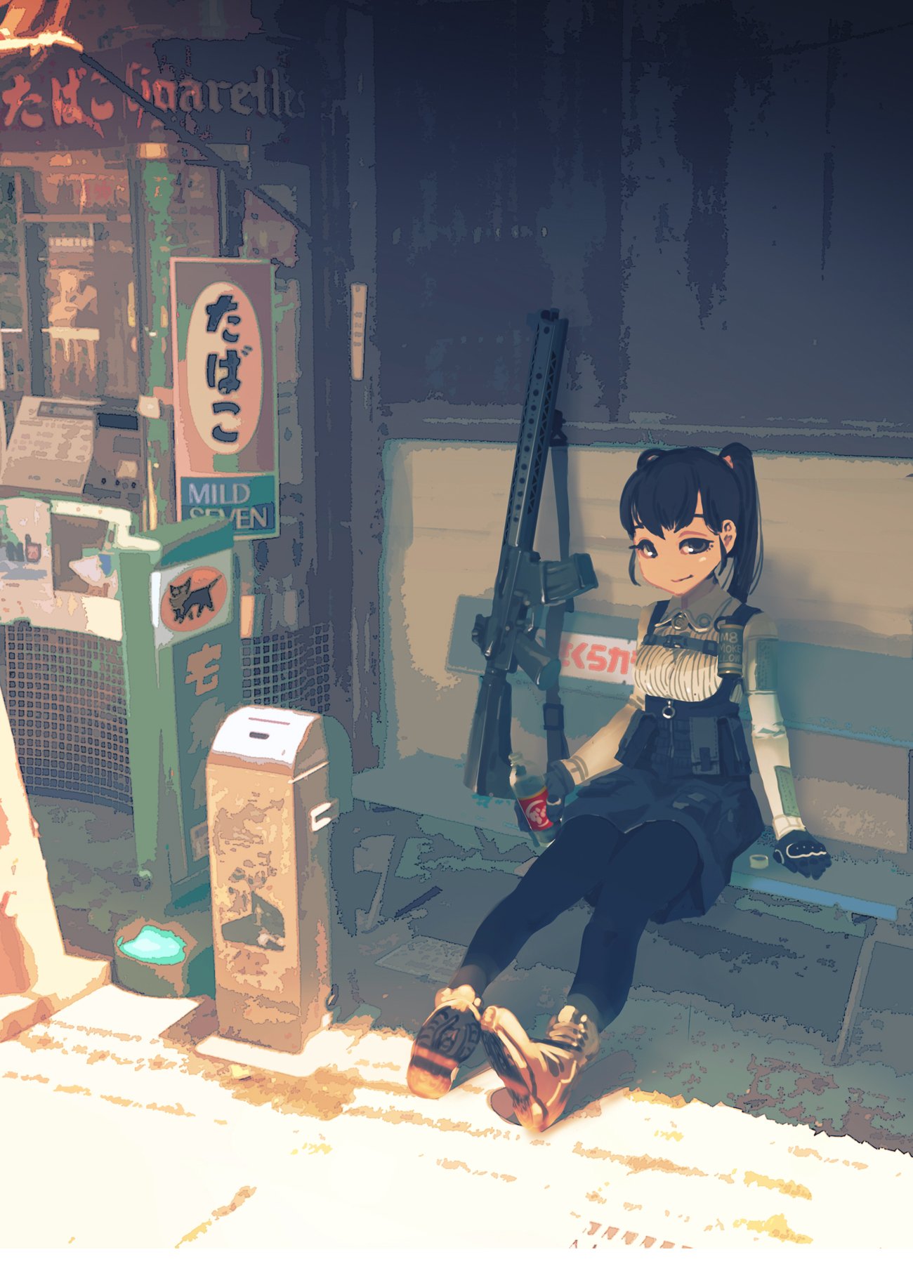 1girl assault_rifle bench black_eyes black_hair black_skirt boots bottle breasts day english_text explosive gloves grenade gun hair_ribbon highres holding holding_bottle kiosk looking_at_viewer medium_breasts pantyhose rias-coast ribbon rifle shadow shirt sitting skirt smile smoke_grenade solo sunlight trash_can twintails weapon