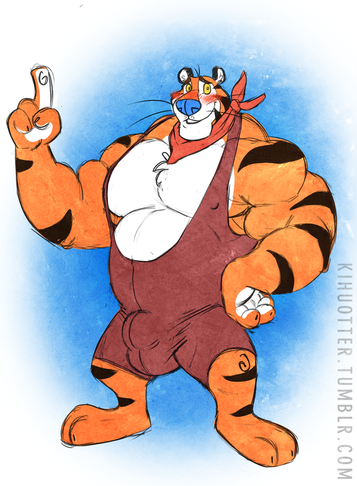 2014 4_fingers anthro belly biceps blue_nose blush bulge clothed clothing digital_media_(artwork) felid frosted_flakes fur kellogg's kihu male mammal mascot musclegut muscular muscular_male pantherine pecs smile solo stripes tiger tony_the_tiger wrestling_singlet