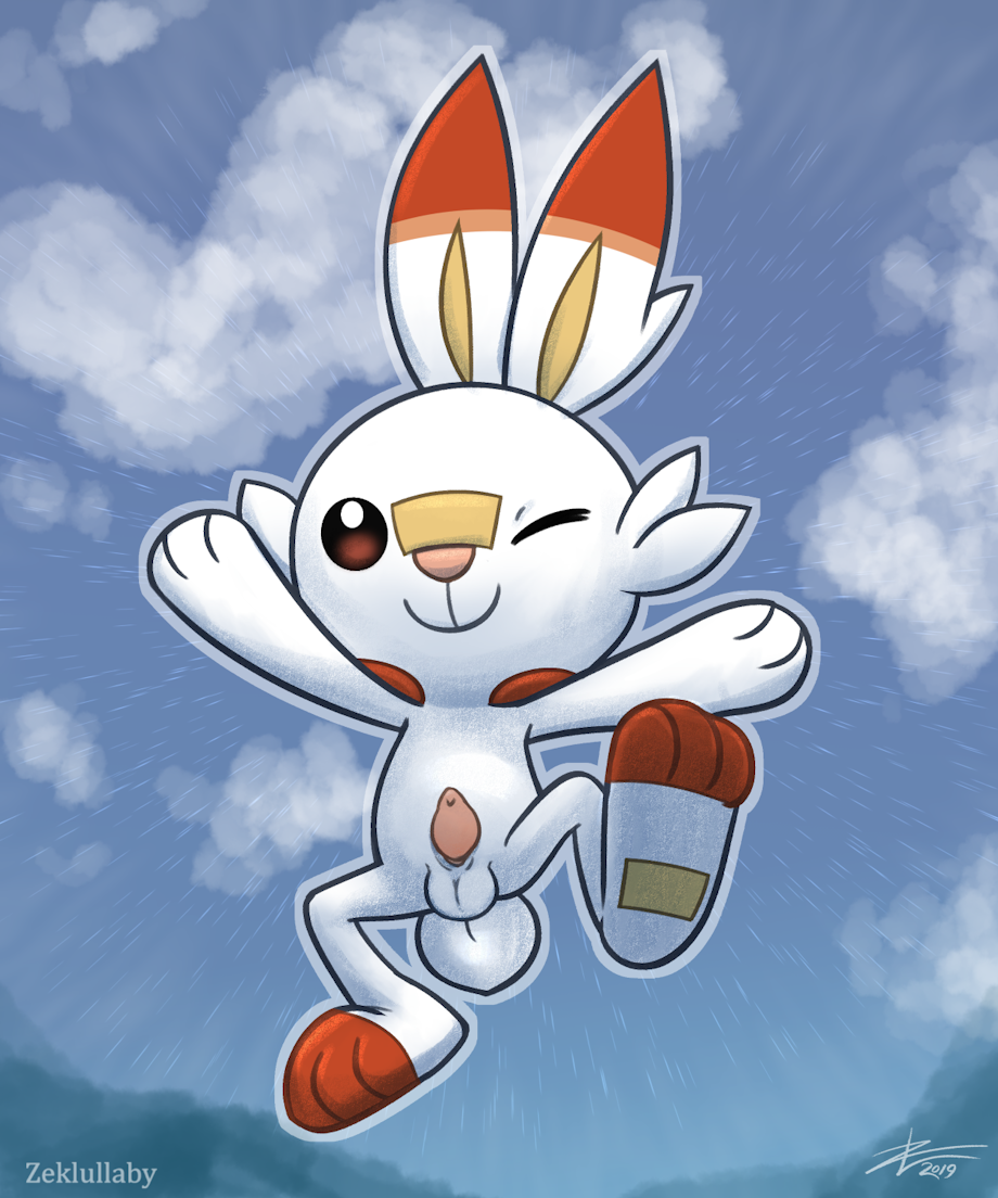 2019 3_toes animal_genitalia balls cloud feet jumping looking_at_viewer male nintendo one_eye_closed penis pink_penis pok&eacute;mon pok&eacute;mon_(species) scorbunny sheath signature simple_background smile solo tapering_penis toes video_games watermark white_balls wink young zeklullaby