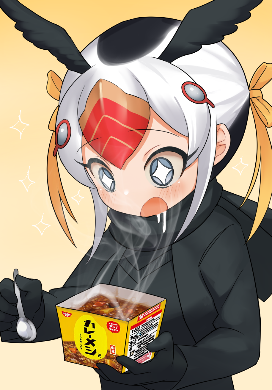 +_+ 1girl :o bangs black_gloves black_hair black_scarf choir_(artist) curry drooling eyebrows_visible_through_hair food gloves hair_between_eyes head_wings highres holding holding_spoon kemono_friends long_sleeves multicolored_hair nissin product_placement red_hair scarf short_hair simple_background solo sparkle spoon steam tufted_puffin_(kemono_friends) upper_body white_hair yellow_background