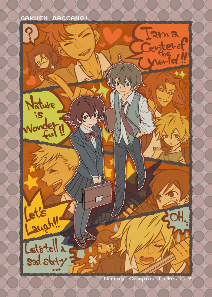 6+boys ar_(rikuesuto) baccano! blonde_hair book brown_hair chane_laforet christopher_shouldered claire_stanfield contemporary czeslaw_meyer elmer_albatross ennis firo_prochainezo glasses graham_spector long_hair multiple_boys multiple_girls parody ricard_russo school_uniform shaft_(baccano) sharp_teeth short_hair teeth