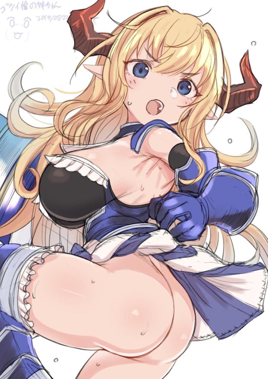 1girl armpit_peek ass blonde_hair blue_eyes breasts commentary_request dated draph elbow_gloves gauntlets gloves granblue_fantasy highres horns large_breasts leg_up makabe_gorou no_panties open_mouth pointy_ears rastina sideboob simple_background skirt skirt_lift solo sweat thighhighs white_background wind wind_lift