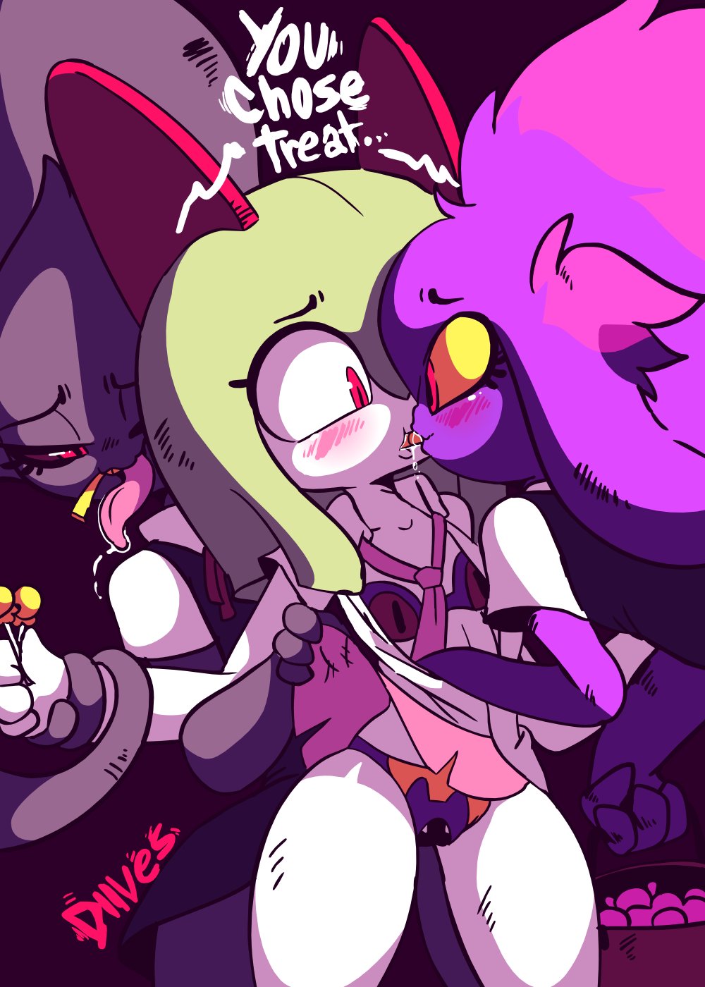 4_fingers assisted_exposure banette black_body black_sclera bottomwear bound bra breasts candy clothing clothing_lift dialogue diives english_text eye_contact eyebrows eyelashes female female/female food ghost green_hair group hair halloween hi_res holding_food holding_object holidays humanoid kirlia kissing lia_(diives) looking_at_another magius_(diives) mismagius navel necktie nette_(diives) nintendo not_furry panties pink_tongue pok&eacute;mon pok&eacute;mon_(species) purple_body purple_hair red_eyes school_uniform skirt skirt_lift small_breasts spirit text thigh_gap tongue tongue_out underwear undressing uniform video_games white_skin yellow_sclera