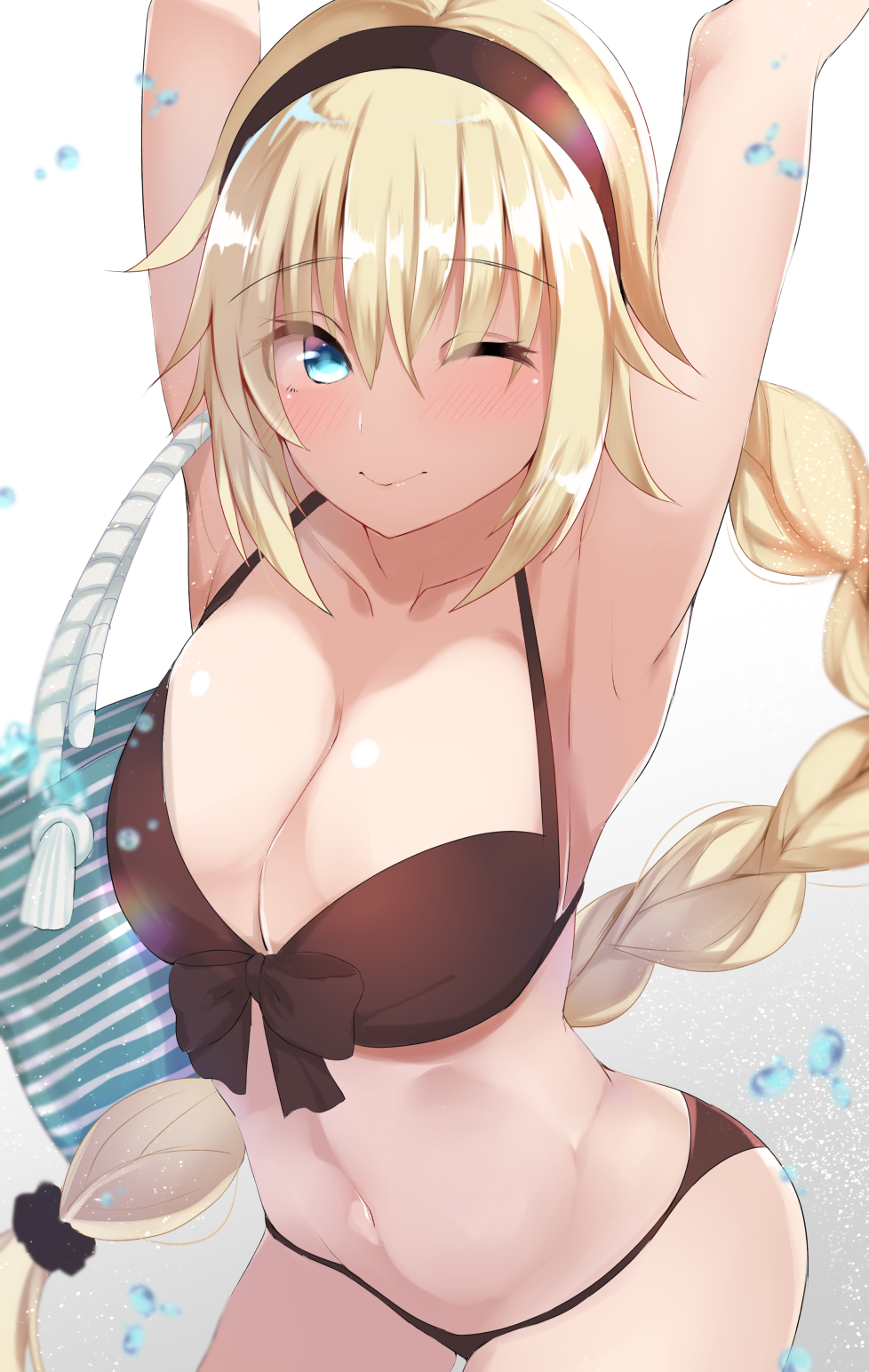 1girl armpits arms_up ashino bag bangs bikini black_bikini black_hairband blonde_hair blue_eyes blurry_foreground blush braid breasts cleavage closed_mouth collarbone commentary_request eyebrows_visible_through_hair eyes_visible_through_hair fate/grand_order fate_(series) gradient gradient_background hairband highres holding holding_bag jeanne_d'arc_(fate) jeanne_d'arc_(fate)_(all) large_breasts long_braid long_hair looking_at_viewer navel one_eye_closed shiny shiny_hair sidelocks simple_background single_braid smile solo standing swimsuit very_long_hair water_drop white_background
