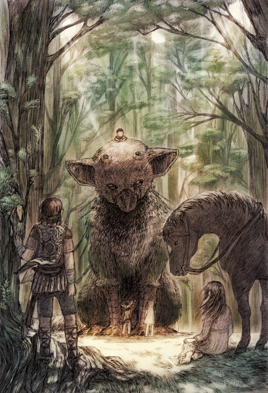 agro animal black_hair brown_hair child commentary_request company_connection creature crossover dress feathers forest griffin highres horns horse ico ico_(character) long_hair maekakekamen mono multiple_boys multiple_girls nature poncho shadow_of_the_colossus short_hair size_difference surcoat sword the_boy_(the_last_guardian) the_last_guardian tree trico_(character) wander weapon yorda