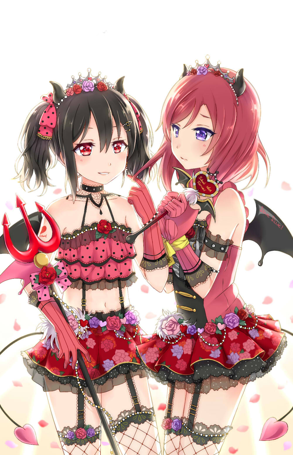 2girls arm_tattoo armlet arms_up bangs bare_shoulders bead_bracelet beads black_hair blush bound bound_wrists bow bracelet breasts camisole center_frills chinese_commentary choker closed_mouth collarbone commentary_request cowboy_shot crop_top demon_horns demon_tail demon_wings dress earrings elbow_gloves eyes_visible_through_hair fake_horns fishnet_legwear fishnets floral_print flower frilled_dress frilled_skirt frills fur garter_straps gloves hair_beads hair_between_eyes hair_bow hair_flower hair_ornament hair_twirling hairclip hands_together heart heart_tattoo highres holding holding_wand holding_weapon horns jewelry lace lace-trimmed_dress lace-trimmed_gloves lace-trimmed_legwear lace-trimmed_skirt lace_trim layered_dress layered_skirt love_live! love_live!_school_idol_festival love_live!_school_idol_project midriff miniskirt multiple_girls navel nishikino_maki parted_bangs petals pink_bow pink_flower pink_gloves pink_rose pitchfork playing_with_another's_hair polka_dot polka_dot_bow polka_dot_camisole print_dress print_skirt purple_eyes purple_flower purple_rose red_bow red_eyes red_flower red_hair red_rose rose rose_print see-through shenmeren short_dress short_hair short_twintails skirt sleeveless sleeveless_dress small_breasts smirk standing stomach striped striped_gloves suspender_skirt suspenders tail tattoo thighhighs tiara tsurime twintails vertical-striped_gloves wand weapon white_background wings yazawa_nico
