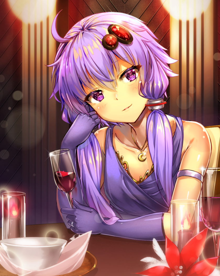 1girl ahoge alternate_costume bare_shoulders bug_(artist) crescent_necklace cup dress drinking_glass hair_ornament holding holding_cup long_hair looking_at_viewer purple_dress purple_eyes purple_hair red_wine smile solo twintails voiceroid wine_glass yuzuki_yukari