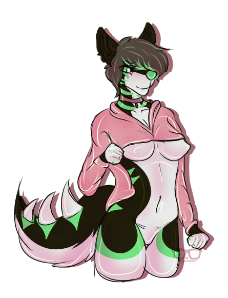 absurd_res anthro black_fur blush bottomless breasts brown_hair canid canine canis clothed clothing collar digital_media_(artwork) dragon female fur hair hi_res hoodie hybrid looking_at_viewer mammal meme pose smile solo spikes standing twitter_hoodie under_boob white_fur wolf