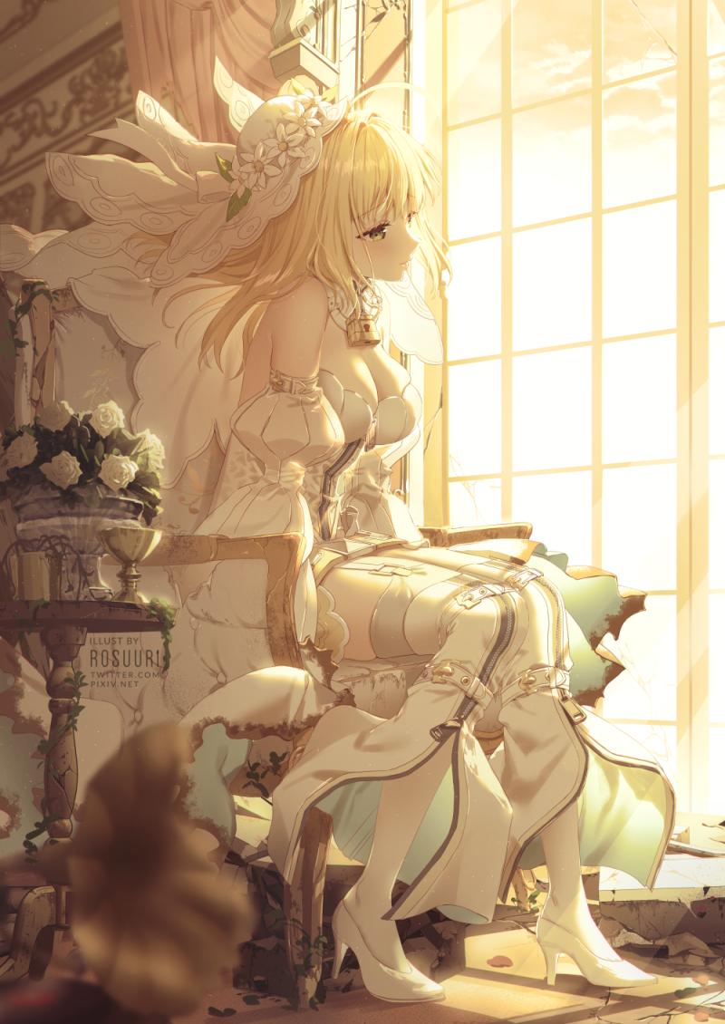 1girl ahoge artist_name belt blonde_hair bodysuit breasts bridal_veil chain cleavage eyebrows_visible_through_hair fate/extra fate/extra_ccc fate/grand_order fate_(series) floating_hair flower full_body gloves green_eyes high_heels large_breasts lock looking_afar medium_breasts nero_claudius_(bride)_(fate) nero_claudius_(fate) nero_claudius_(fate)_(all) padlock padlocked_collar phonograph rosuuri sitting smile solo sunset thighhighs veil white_footwear white_gloves white_legwear wind wind_lift window zipper