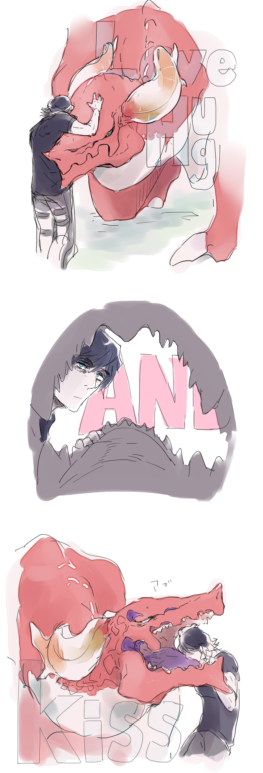 ambiguous_gender angelus black_hair caim clothing dragon drakengard english_text feral hair horn hug human kissing male mammal red_scales scales size_difference teeth text ﾆｰ