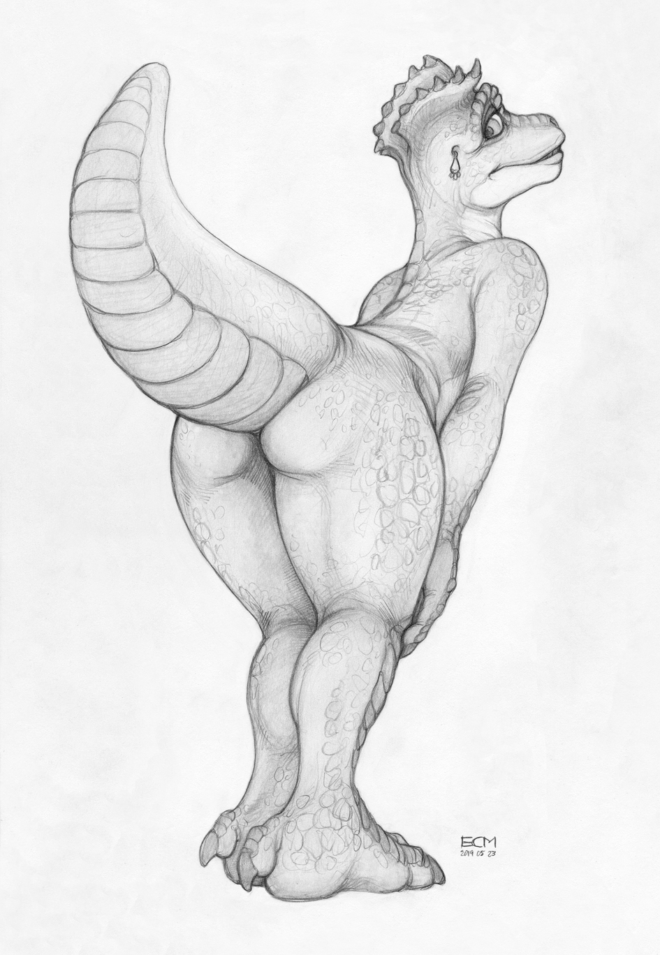 2019 anthro butt digital_media_(artwork) dinosaur dinosaurs_(series) ear_piercing ear_ring ecmajor female fran_sinclair looking_back nude piercing presenting raised_tail reptile scales scalie simple_background solo standing thick_thighs white_background