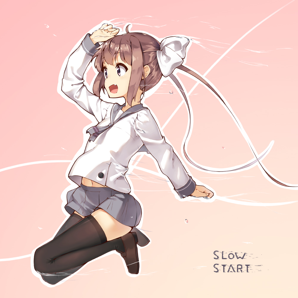 1girl black_footwear black_legwear blush bow brown_hair coffeiz_p copyright_name full_body grey_skirt hair_bow hand_up long_hair long_sleeves looking_to_the_side momochi_tamate motion_lines navel open_mouth pink_background school_uniform serafuku shirt sidelocks simple_background skirt slow_start smile thighhighs twintails very_long_hair white_bow white_shirt