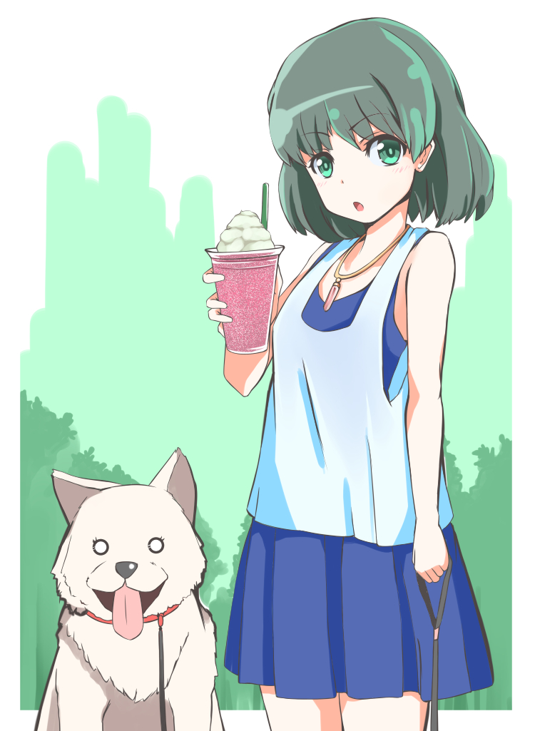 1girl bare_arms breasts brown_hair casual commentary_request dog drink green_eyes jewelry leash looking_at_viewer mononoke_hime necklace open_mouth san short_hair skirt studio_ghibli t_shatsu