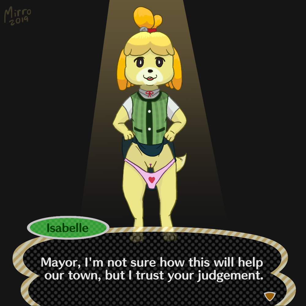 animal_crossing bell bottomwear clothed clothing clothing_lift dialogue english_text female isabelle_(animal_crossing) looking_at_viewer mirro nintendo panties partially_clothed presenting pussy skirt skirt_lift solo spotlight text underwear video_games