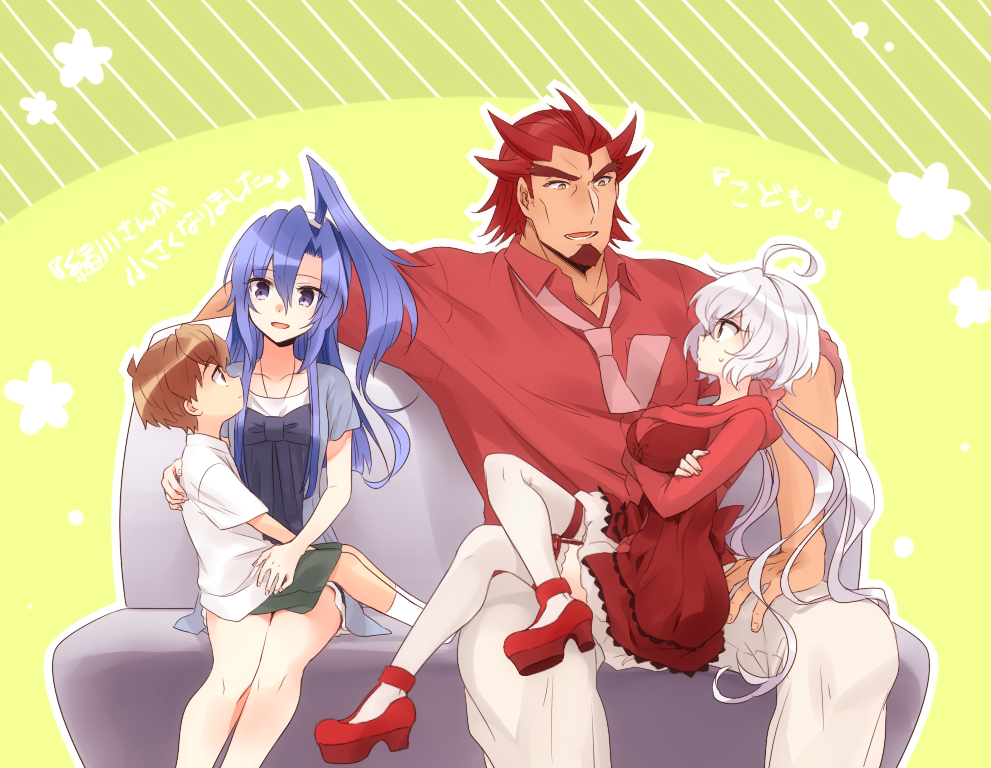 2boys 2girls ahoge blue_hair brown_hair commentary_request facial_hair goatee high_heels kazanari_genjuurou kazanari_tsubasa lanlanlap long_hair low_twintails multiple_boys multiple_girls necktie ogawa_shinji_(symphogear) one_side_up open_mouth pants pink_neckwear platform_footwear purple_eyes red_hair red_shirt senki_zesshou_symphogear shirt short_hair shorts silver_hair sitting sitting_on_lap sitting_on_person thighhighs twintails very_long_hair white_legwear white_pants younger yukine_chris