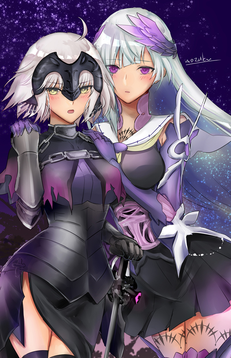2girls ahoge aile_t armor armored_dress black_dress black_legwear black_skirt blush brynhildr_(fate) dress fate/grand_order fate_(series) faulds feathers floating_hair gauntlets hair_feathers hand_on_hilt hands_on_another's_shoulder highres holding_hands jeanne_d'arc_(alter)_(fate) jeanne_d'arc_(fate)_(all) long_hair looking_at_viewer miniskirt multiple_girls open_mouth pleated_skirt purple_eyes purple_feathers sailor_collar short_hair side_slit silver_hair skirt solo standing sword thighhighs very_long_hair weapon white_sailor_collar yellow_eyes