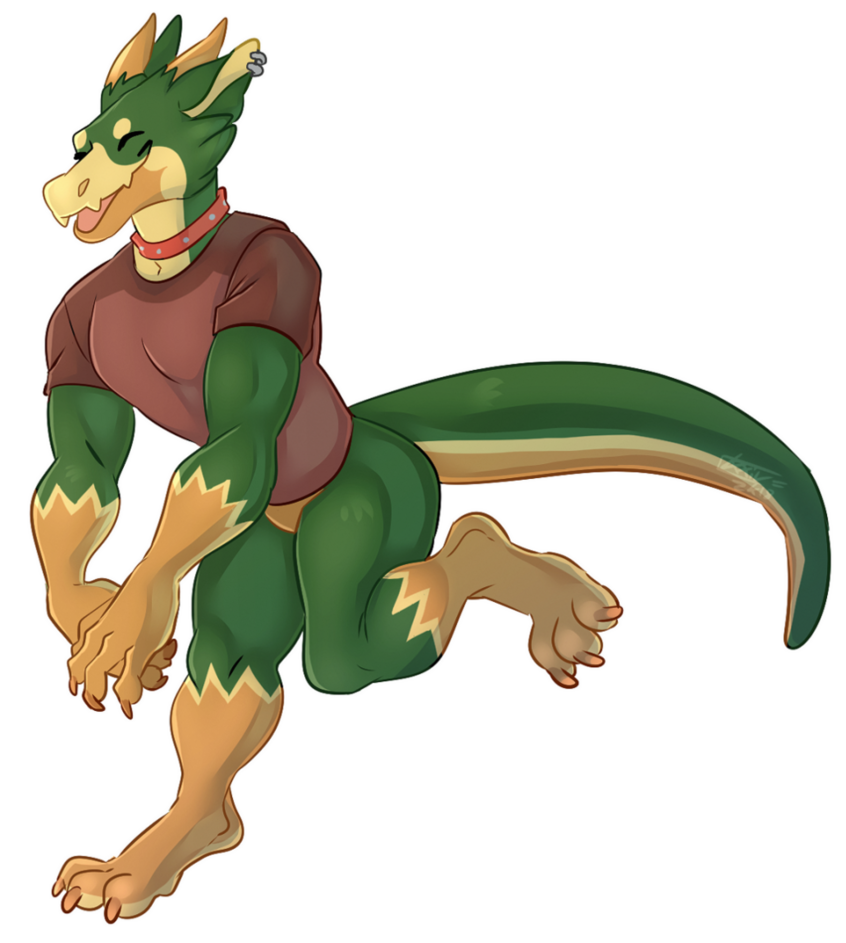 2018 alpha_channel anthro bottomless clothed clothing collar digital_media_(artwork) green_scales happy horn loxiv male muscular muscular_male open_mouth piercing scales scalie shirt simple_background smile solo topwear transparent_background zylk0r