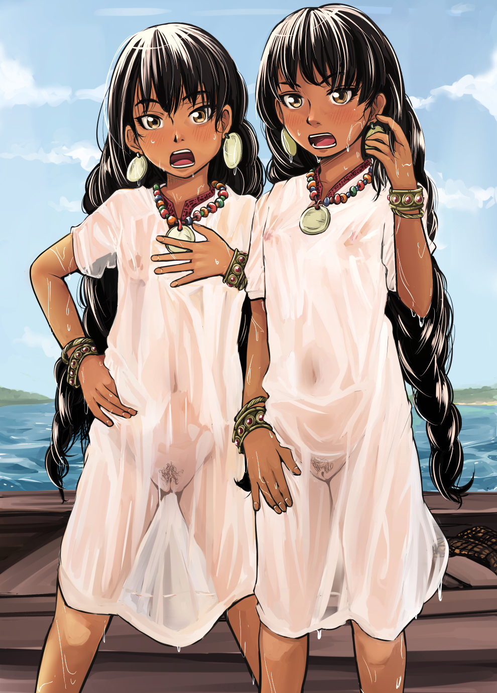 2girls bangs black_hair blush bracelet braid breasts brown_eyes dark_skin day dress earrings highres jewelry laila_(otoyomegatari) leyli_(otoyomegatari) long_hair looking_at_viewer multiple_girls necklace nipples no_bra no_panties open_mouth otoyomegatari outdoors pubic_hair pussy rensyu see-through siblings sisters small_breasts standing twin_braids twins water wet wet_clothes white_dress