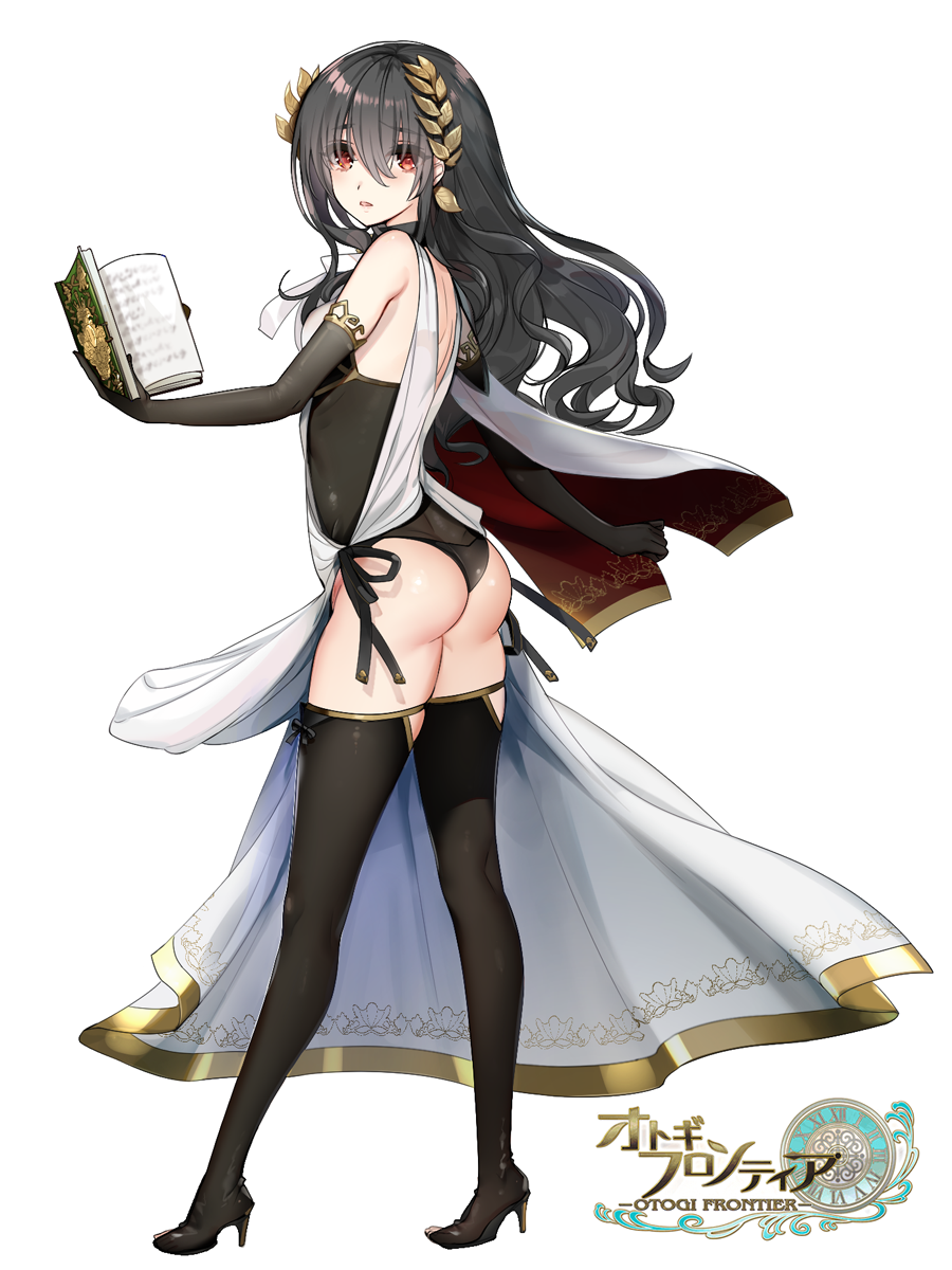 1girl ass bangs bare_shoulders black_footwear black_gloves black_hair black_leotard book boots cape commentary_request elbow_gloves eyebrows_visible_through_hair full_body gloves hair_ornament hayakawa_akari highres holding holding_book leotard logo long_hair looking_at_viewer looking_back open_book otogi_frontier red_eyes shiny shiny_clothes shiny_hair shiny_skin simple_background solo standing thigh_boots thighhighs thighs white_background