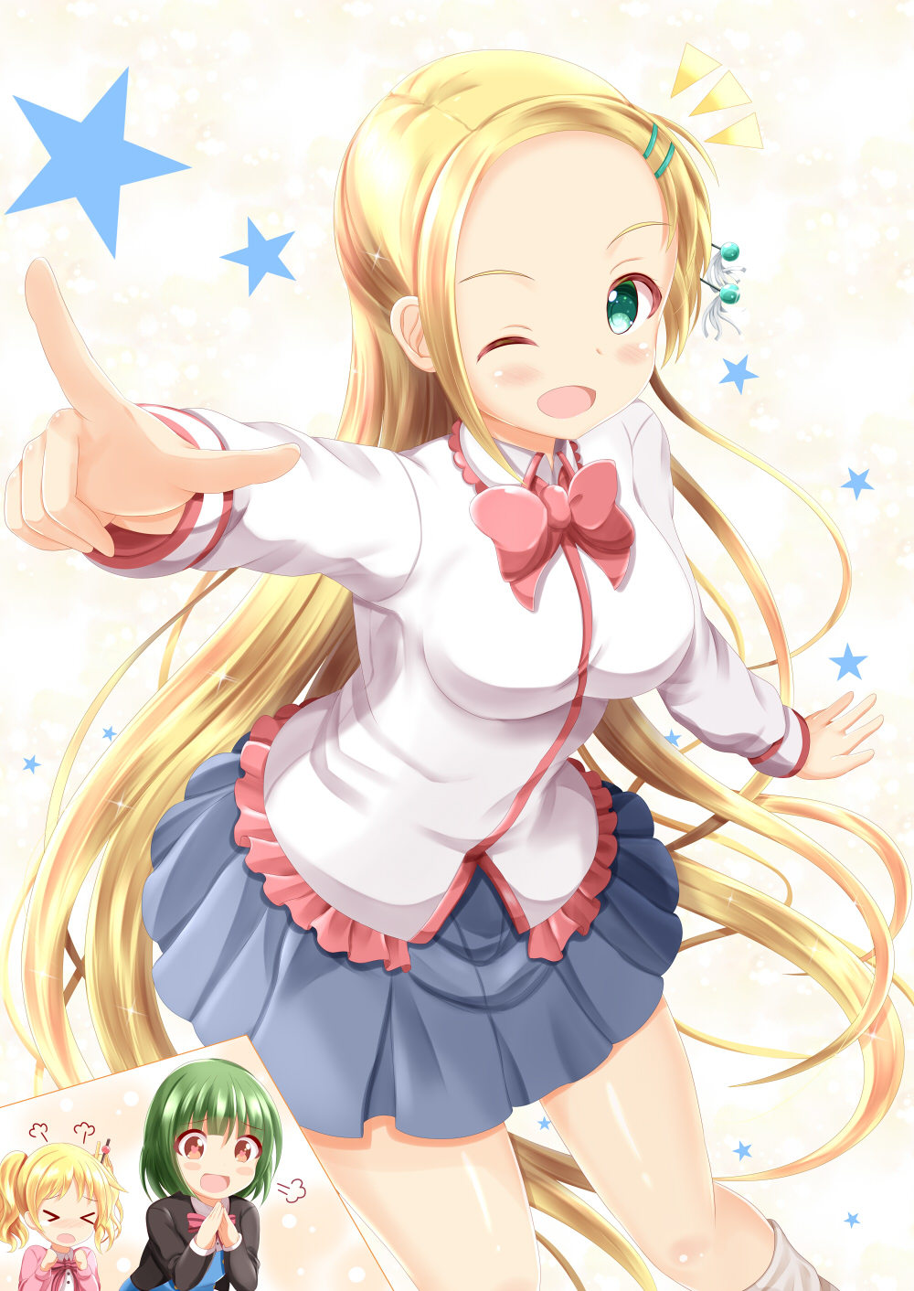&gt;_&lt; 3girls :d ;d alice_cartelet bangs black_cardigan blonde_hair blue_dress blue_skirt blush blush_stickers bow breasts brown_eyes cardigan closed_eyes collared_shirt commentary_request crossover dress forehead green_eyes green_hair hair_ornament hairclip highres hitoribocchi_no_marumaru_seikatsu kin-iro_mosaic kneehighs long_hair long_sleeves medium_breasts multiple_girls notice_lines one_eye_closed oomiya_shinobu open_cardigan open_clothes open_mouth outstretched_arm parted_bangs pink_cardigan pleated_skirt pointing red_bow school_uniform shirt skirt smile sotoka_rakita star steepled_fingers twintails very_long_hair white_legwear white_shirt zenon_(for_achieve)