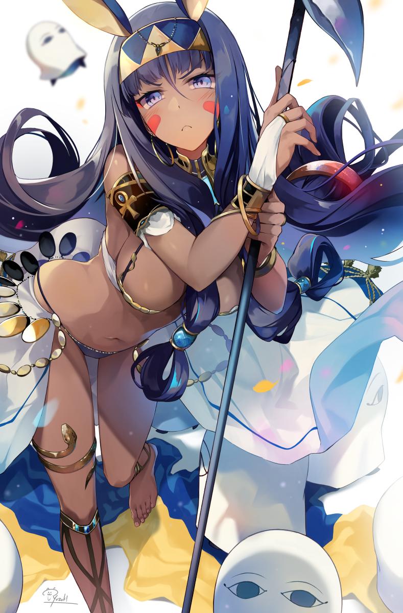 1girl ankh armlet bandeau bangle belly_chain blue_eyes blue_hair blush bra bracelet bridal_gauntlets eyebrows_visible_through_hair facial_mark fate/grand_order fate_(series) frown hair_rings headband highres hirai_yuzuki jewelry long_hair medjed navel nitocris_(fate/grand_order) panties purple_panties signature staff underwear very_long_hair