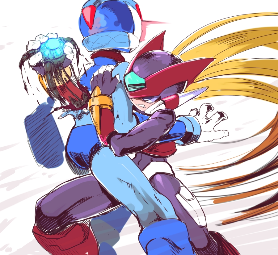 angry arm_through_chest armor attack blonde_hair capcom combat gloves grabbing hair helmet holding holding_object impaled impalement killing long_hair male mechanical pantheon robot rockman rockman_zero torn_clothes torn_clothing wire wires yuriyuri_(ccc) zero_(rockman)