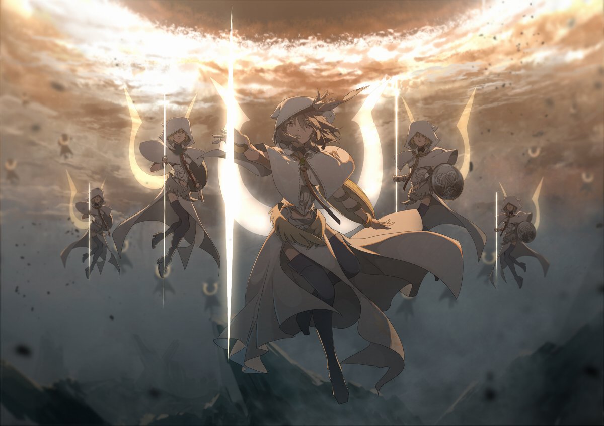 6+girls bangs blonde_hair boots capelet cloud cloudy_sky fate/grand_order fate_(series) flying full_body head_wings high_heel_boots high_heels hood hood_up long_hair looking_at_viewer loyalists mountain multiple_girls open_mouth outstretched_arm parted_lips polearm red_eyes shield short_hair sky spear thigh_boots thighhighs valkyrie_(fate/grand_order) weapon wings