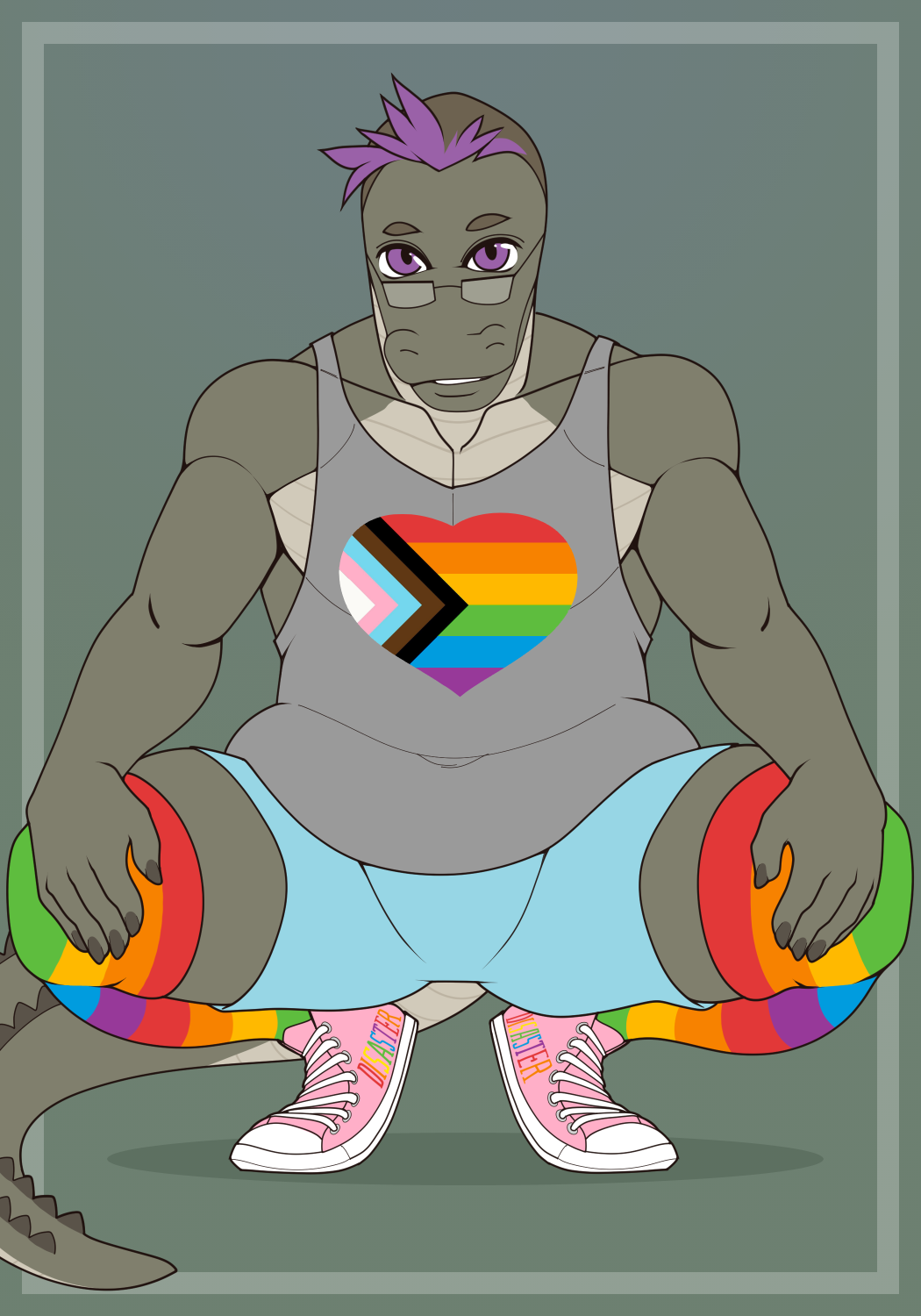 2019 alligator alligatorid andrew_(deminothedragon) anthro belly clothed clothing crocodilian crouching digital_media_(artwork) eyewear footwear glasses hair hi_res humanoid_hands legwear looking_at_viewer male overweight overweight_male rainbow reishuseyu reptile scalie shirt shoes simple_background slightly_chubby smile solo stockings tank_top topwear