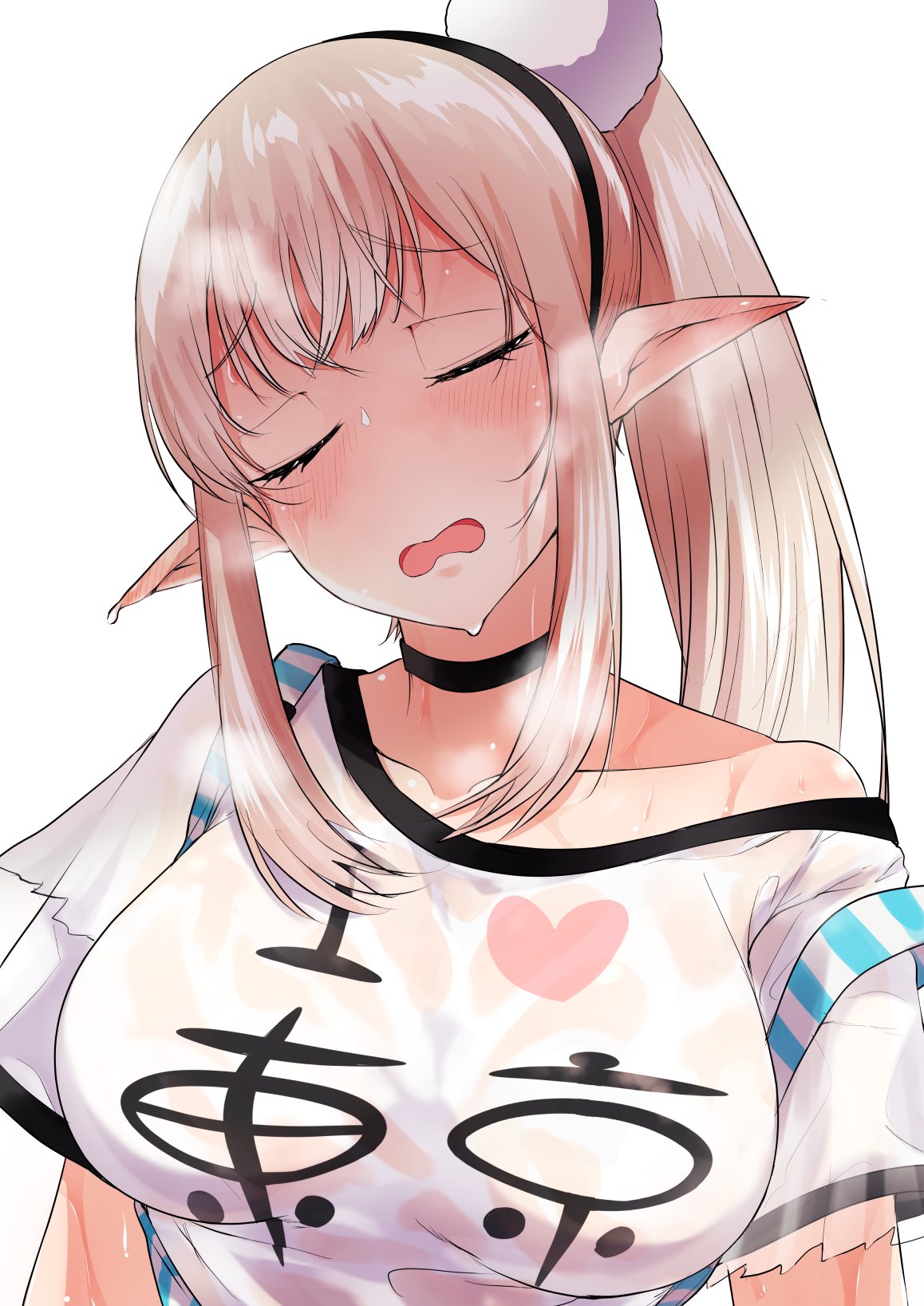 1girl blush breasts closed_eyes collarbone commentary elf elu_(nijisanji) fairy_wings heart highres i_heart... large_breasts long_hair nijisanji open_mouth pointy_ears pom_pom_(clothes) rikosyegou see-through shirt short_sleeves simple_background sketch strap sweat very_long_hair virtual_youtuber wet wet_clothes wet_shirt white_background white_shirt wings