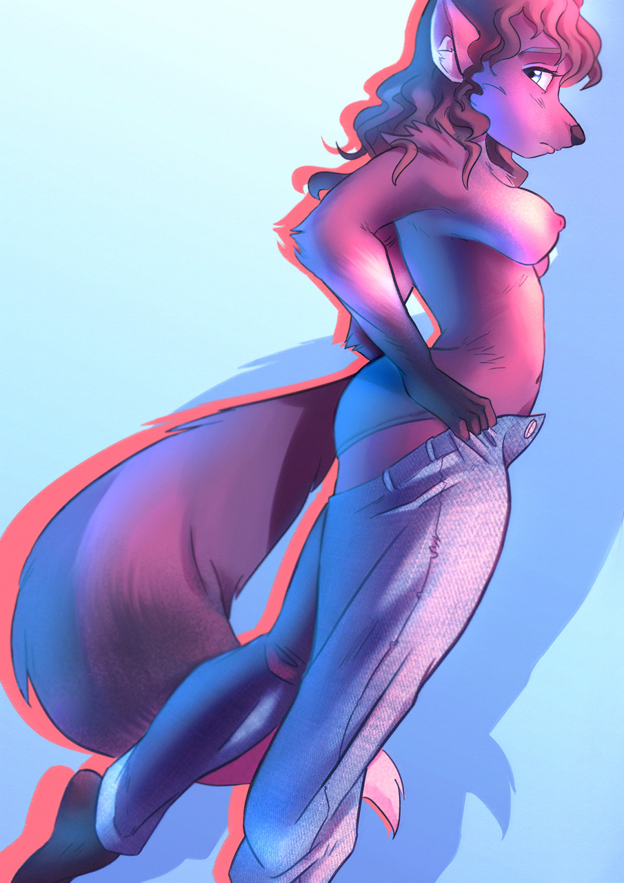 anthro blue_eyes breasts brown_fur brown_hair canid canine clothed clothing ear_growth female fox fur fur_growth furzota hair hi_res human long_hair long_tail looking_at_viewer mammal muzzle_growth nipples pants partially_clothed solo transformation underwear were werecanid werecanine werefox