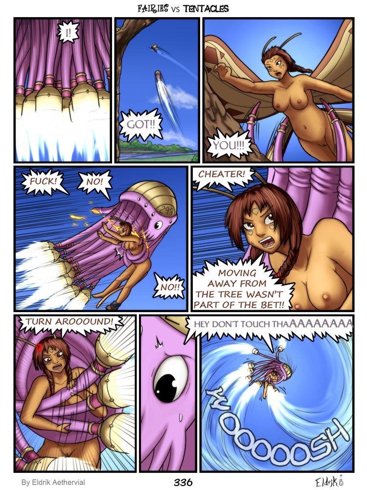 antennae_(anatomy) bobbydando breasts brown_eyes brown_hair comic dialogue duo english_text facial_markings fairies_vs_tentacles fairy female hair humanoid insect_wings macey_(fvt) markings monster navel nihallaks_(species) nipples not_furry nude pussy slightly_chubby text wings zak_(fvt)