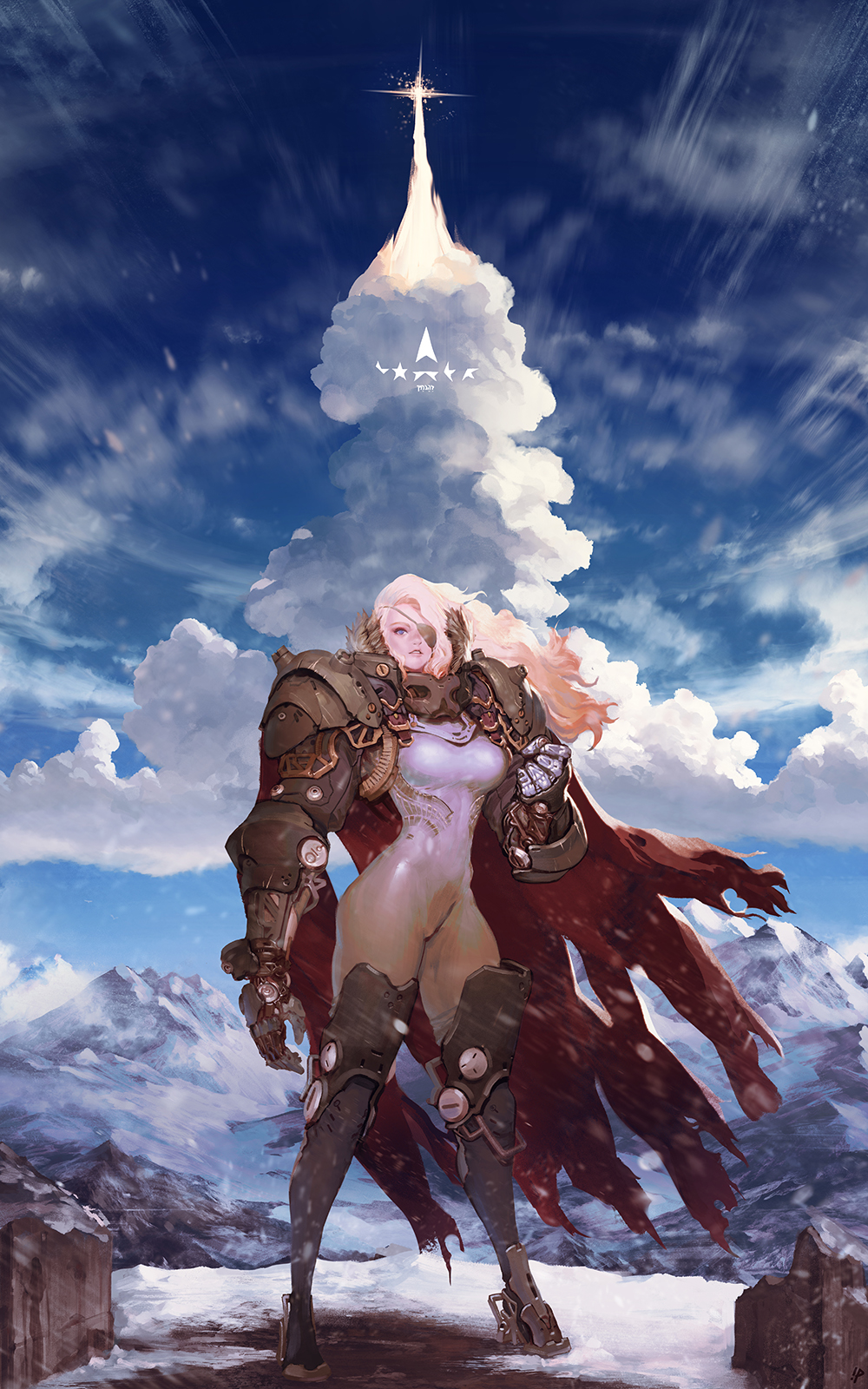1girl armor blonde_hair blue_eyes bodysuit breasts cloud cloudy_sky commentary eyepatch highres instant_ip long_hair medium_breasts mountain parted_lips sky solo thick_thighs thighs very_long_hair