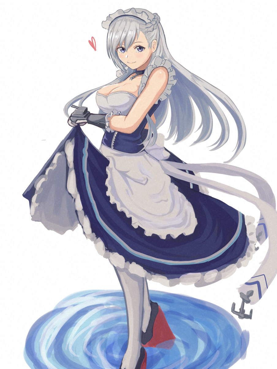 1girl apron azur_lane bangs belfast_(azur_lane) blue_eyes braid breasts chain cleavage closed_mouth dress dress_lift french_braid hair_between_eyes heart highres large_breasts long_hair looking_at_viewer maid maid_apron maid_headdress moppo pantyhose ripples silver_hair smile solo straight_hair waist_apron water white_apron white_background white_legwear