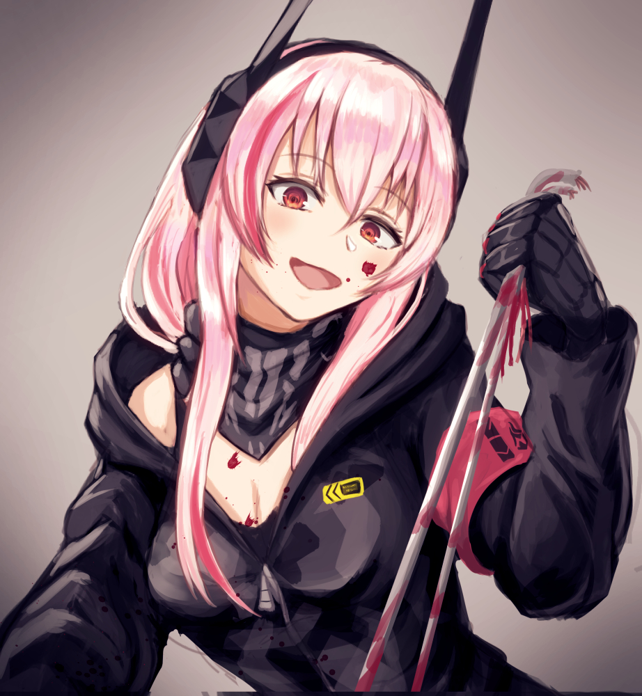 1girl :d armband bangs blood blood_on_face breasts cleavage eyebrows_visible_through_hair girls_frontline hair_between_eyes hand_up headgear long_hair long_sleeves m4_sopmod_ii_(girls_frontline) medium_breasts moppo multicolored_hair open_mouth orange_eyes pink_hair red_hair smile solo streaked_hair two-tone_hair upper_body