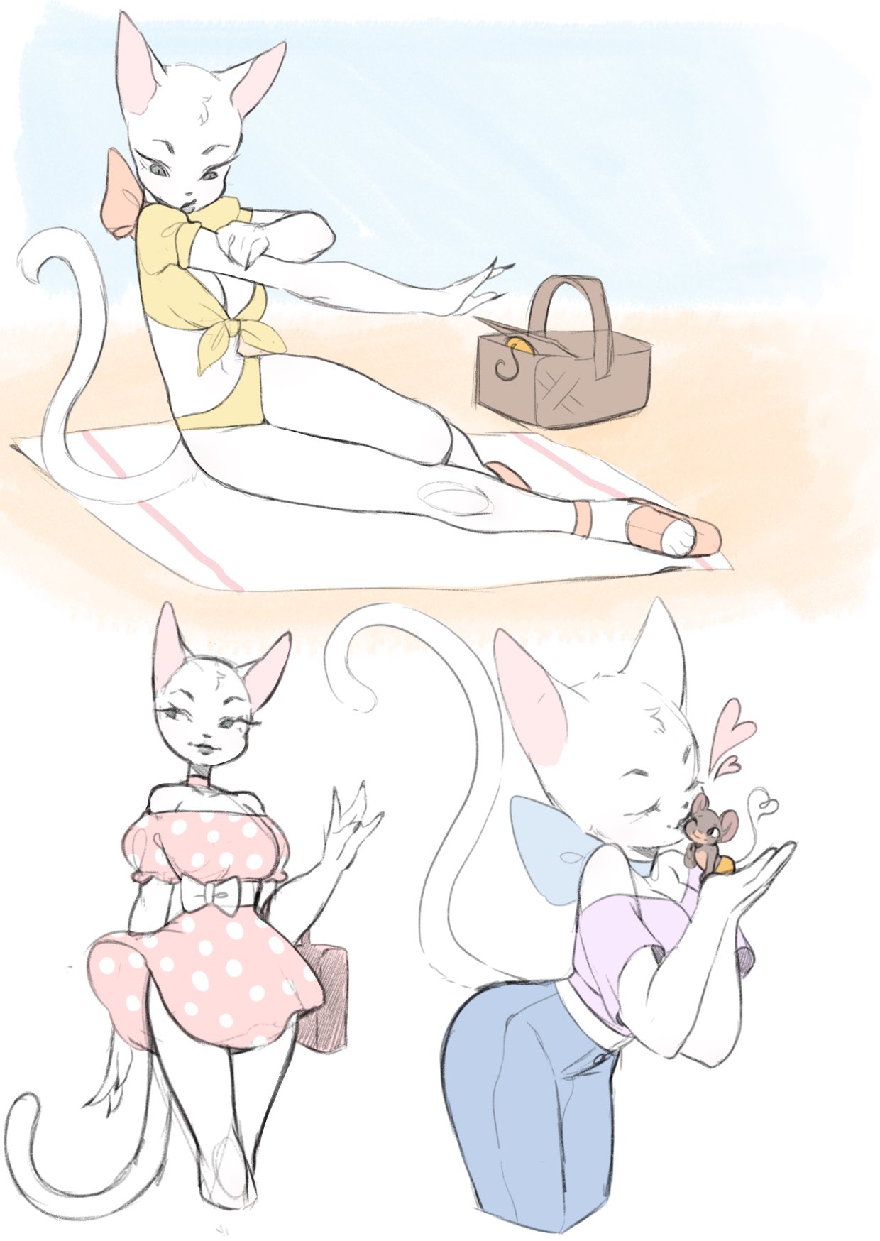 anthro beach bow breasts clothing crop_top domestic_cat dress felid feline felis female fur hi_res jeans jerry_mouse kissing mammal metro-goldwyn-mayer mouse murid murine pants picnic punipaws rodent seaside shirt size_difference tom_and_jerry toodles_(springtime_for_thomas) toodles_galore topwear white_fur