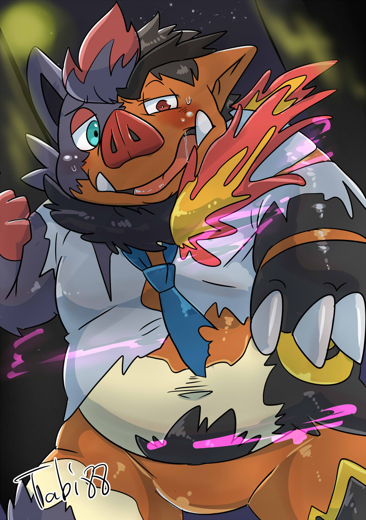 2019 anthro black_fur black_hair blue_eyes blush brown_eyes canid canine claws clothed clothing digital_drawing_(artwork) digital_media_(artwork) drooling emboar featureless_crotch fire flaming_mane fur hair hi_res male mammal mane matatabi88 multicolored_fur necktie nintendo open_mouth orange_fur pok&eacute;mon pok&eacute;mon_(species) red_fur saliva simple_background solo suina sweat tongue torn_clothing transformation tusks video_games zorua