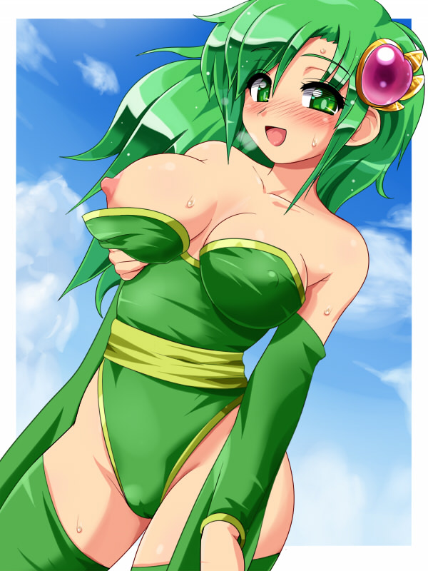 bare_shoulders blush breast_lift breast_slip breasts cleavage covered_nipples detached_sleeves final_fantasy final_fantasy_iv green_eyes green_hair green_leotard hair_ornament konpeto large_breasts leotard long_hair looking_at_viewer naughty_face nipples older one_breast_out open_mouth rydia smile solo sweat thighhighs