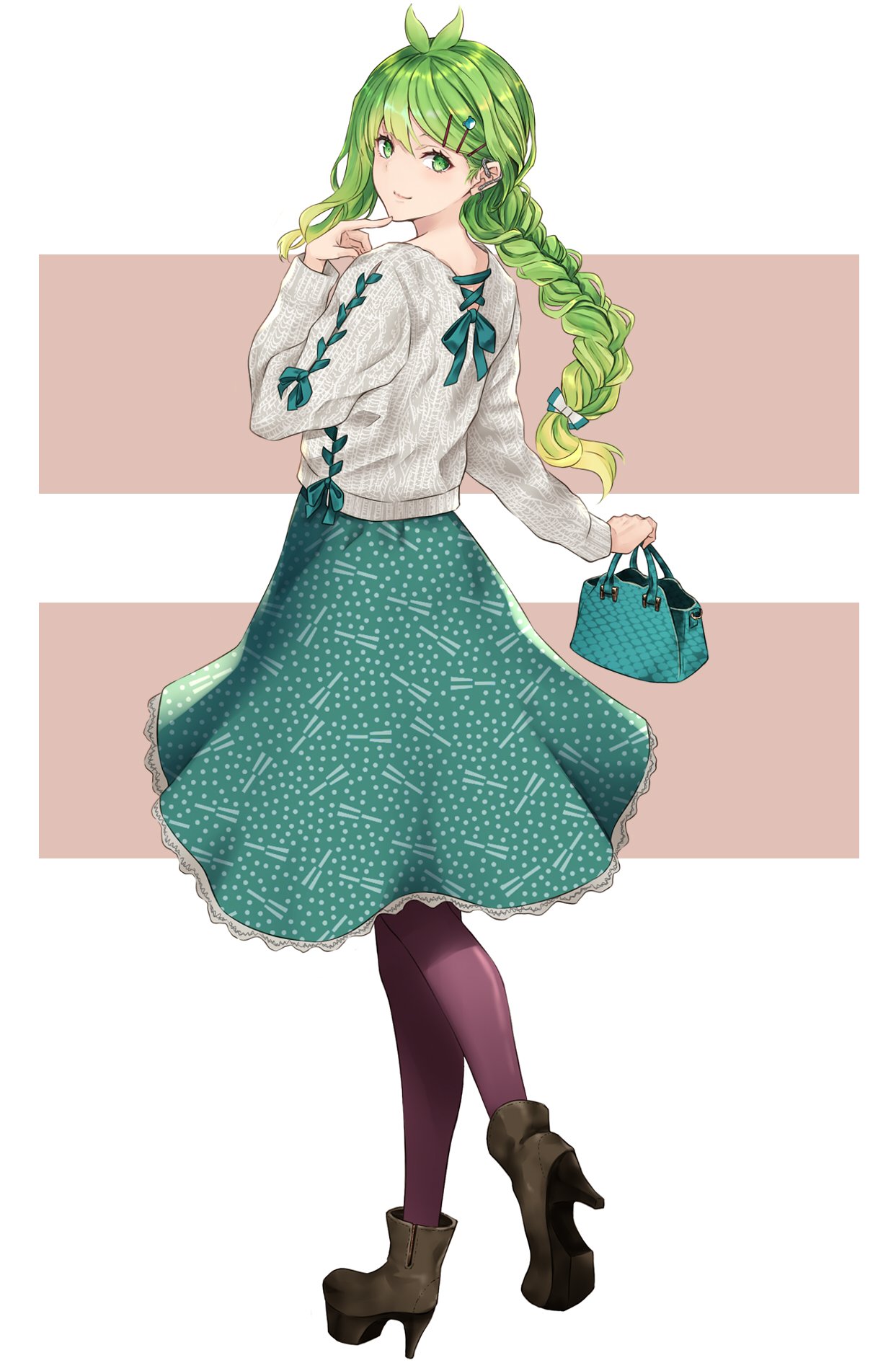 1girl alternate_costume alternate_hairstyle antenna_hair bag bangs boots braid casual closed_mouth commentary frog_hair_ornament from_behind full_body green_eyes green_hair green_ribbon green_skirt hair_ornament hair_ribbon hairclip handbag high_heel_boots high_heels highres holding holding_bag kochiya_sanae leg_up long_hair long_sleeves looking_at_viewer looking_back nabeshima_tetsuhiro purple_legwear ribbon simple_background single_braid skirt smile solo sweater thighhighs touhou two-tone_background white_sweater