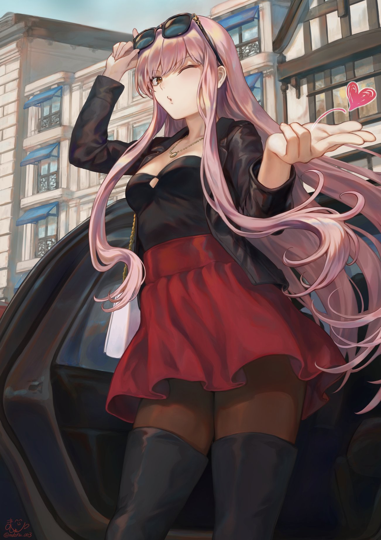 1girl adjusting_eyewear black_footwear black_jacket black_tubetop blown_kiss blue_sky blush boots braid breasts brown_legwear car city cowboy_shot day fate/grand_order fate_(series) ground_vehicle heart high-waist_skirt highres jacket jewelry large_breasts long_hair looking_at_viewer mashu_003 medb_(fate)_(all) medb_(fate/grand_order) motor_vehicle necklace one_eye_closed outdoors pantyhose pink_hair puckered_lips red_eyes red_skirt signature skirt sky solo strapless sunglasses thigh_boots thighhighs tubetop twitter_username