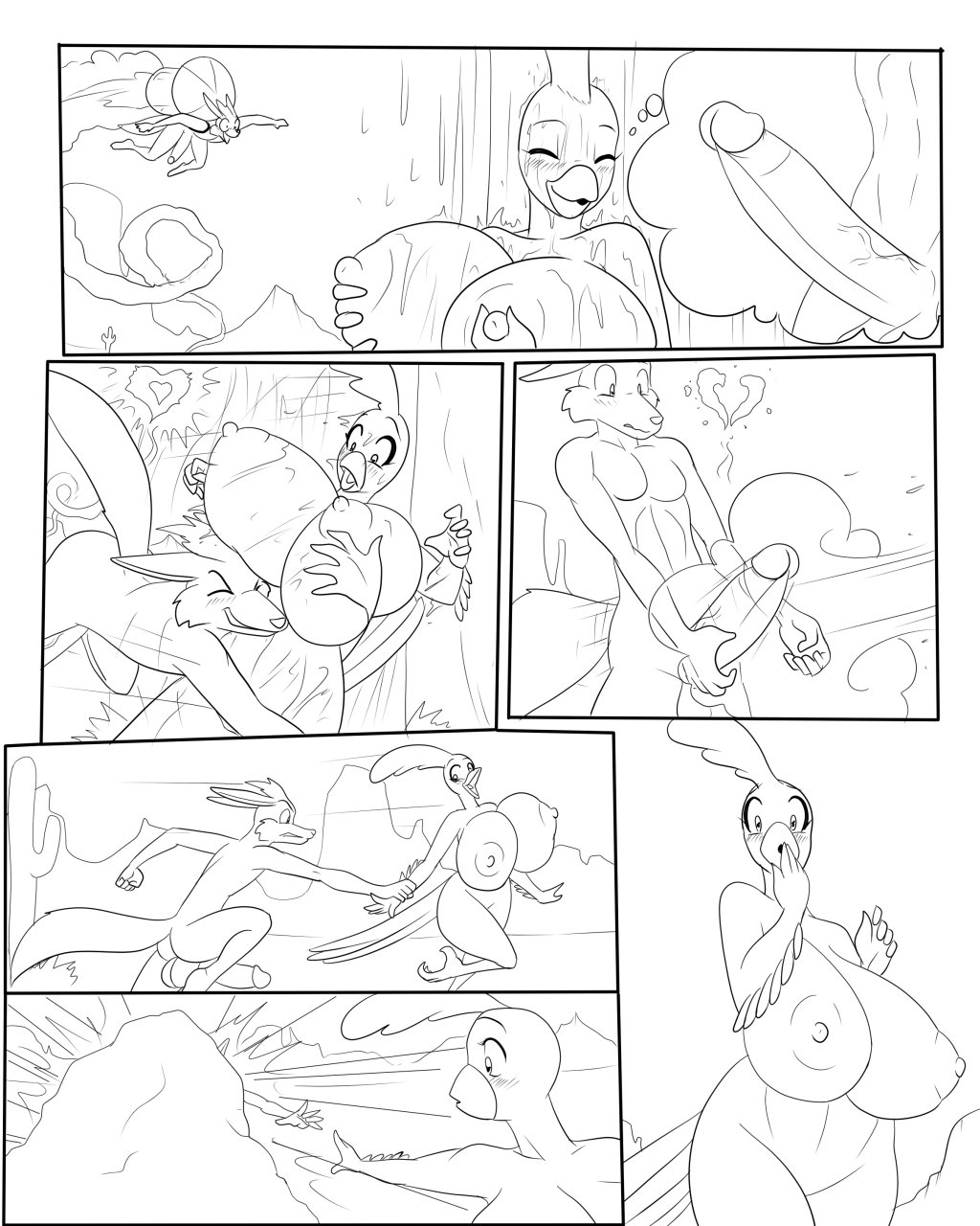 &lt;3 anthro anthro_on_anthro avian balls big_breasts bird black_and_white breasts canid canine comic duo erection female hi_res humanoid_penis looney_tunes male male/female mammal marauder6272 monochrome nipples nude penis road_runner_(looney_tunes) warner_brothers wile_e._coyote