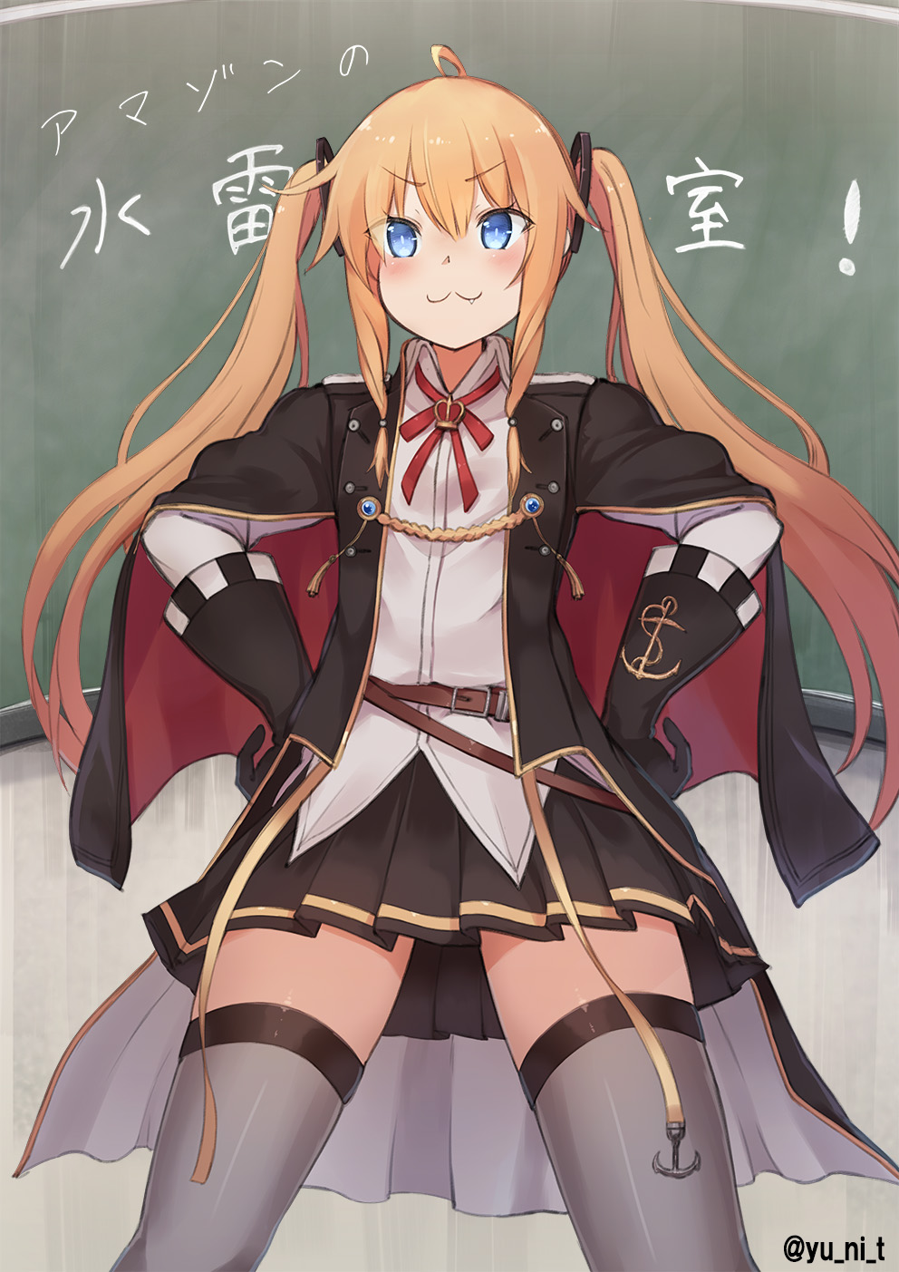 1girl :3 ahoge amazon_(azur_lane) anchor_symbol arms_at_sides azur_lane blonde_hair blue_eyes cape chalkboard commentary_request fang fang_out gloves hair_between_eyes hair_ornament highres long_hair looking_at_viewer military military_uniform shirt solo thighhighs twintails uniform yu_ni_t