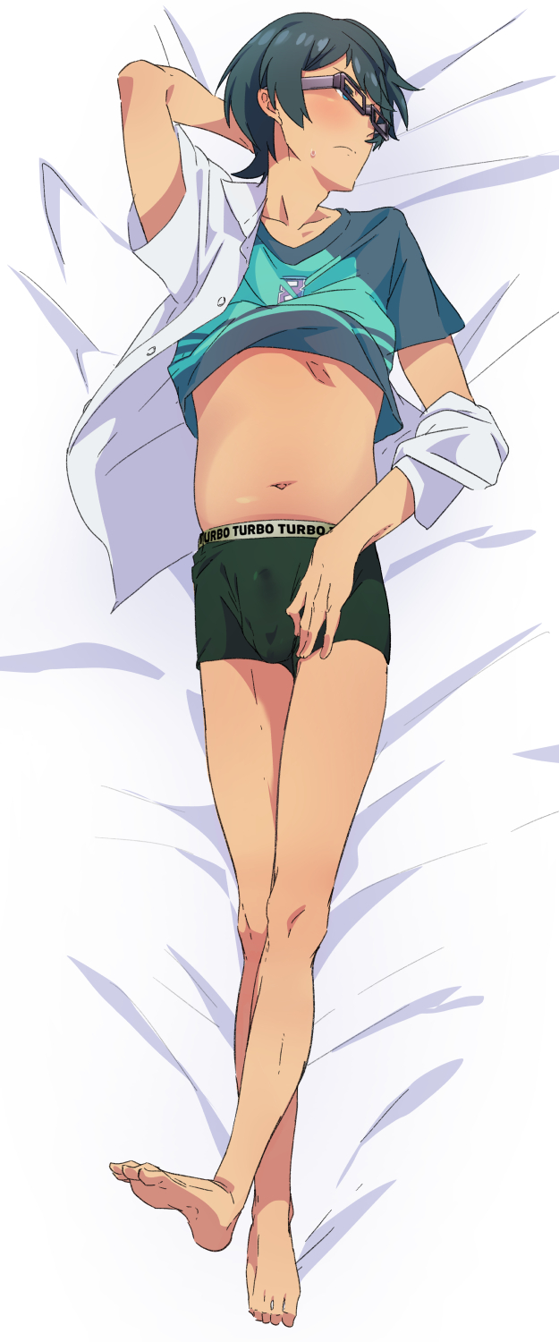 1boy bed_sheet blue_eyes blue_shirt boxer_briefs closed_mouth collarbone cum cum_on_body dakimakura from_above full_body glasses green_hair highres lying male_focus male_underwear navel on_back shirt shirt_under_shirt short_sleeves solo ssss.gridman takamiya_mizuki underwear utsumi_shou white_shirt