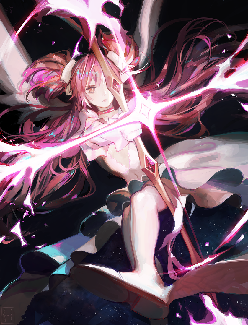 1girl artist_name bow_(weapon) choker collaboration commentary covering covering_one_eye dark_background dress dutch_angle expressionless floating_hair frilled_dress frills glo-s-s gloves glowing hair_ribbon holding holding_bow_(weapon) holding_weapon jiayue_wu kaname_madoka long_dress long_hair looking_away mahou_shoujo_madoka_magica pink_hair pink_neckwear pink_theme pointing_weapon ribbon short_twintails simple_background sky solo star star_(sky) starry_sky thighhighs twintails ultimate_madoka very_long_hair weapon white_dress white_gloves white_legwear white_ribbon wide_sleeves