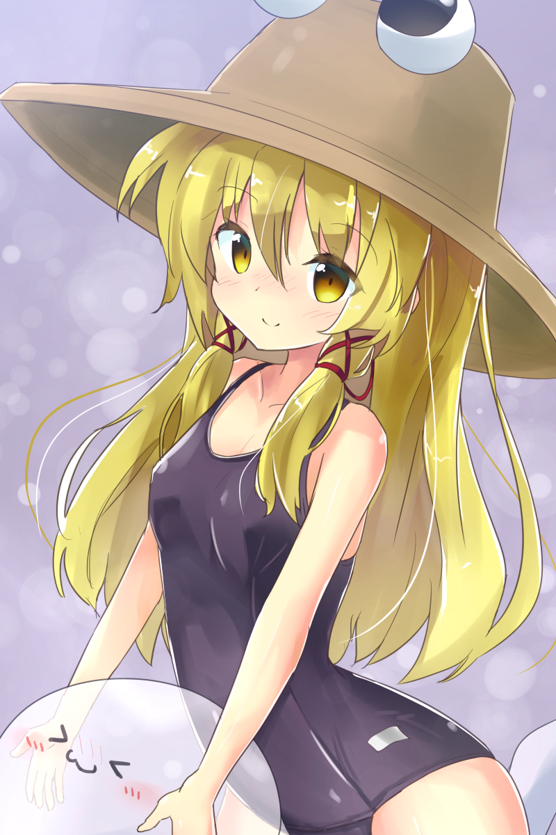 &gt;_&lt; 1girl :3 bangs bare_arms bare_shoulders blonde_hair blush breasts brown_eyes brown_headwear closed_eyes closed_mouth collarbone commentary_request eyebrows_visible_through_hair ghost hair_between_eyes hair_ribbon highres long_hair looking_at_viewer moriya_suwako nose_blush old_school_swimsuit one-piece_swimsuit red_ribbon ribbon ryogo school_swimsuit small_breasts smile solo swimsuit touhou transparent very_long_hair