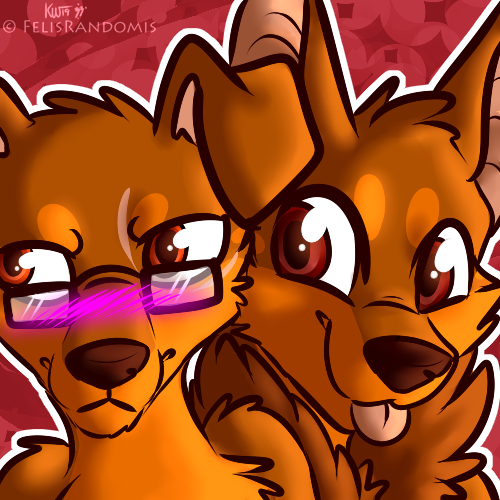 1:1 2019 anthro blep blush brown_fur brown_nose canid canine canis digital_media_(artwork) dobermann domestic_dog duo eyewear felisrandomis floppy_ears front_view fur glasses looking_at_viewer low_res male mammal pink_tongue pinscher puddle_(snoopy_mahan) red_background red_eyes shy simple_background smile snoopy_mahan tongue tongue_out
