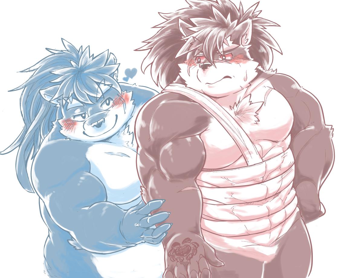 &lt;3 abs bandage blush canid canine canis domestic_dog exe_exem male male/male mammal moritaka musclegut nude pecs ponytail scar shino_(housamo) tokyo_afterschool_summoners video_games